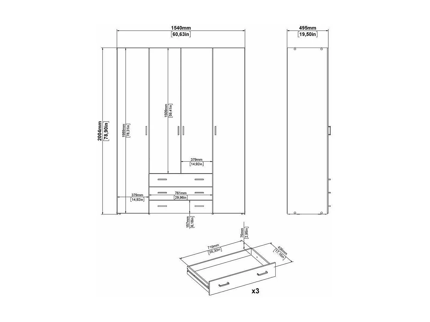 GroÃŸer Kleiderschrank Dseren, Schlafzimmermöbel, Schrank, Garderobe, 154x50 h200 cm, Glänzendes WeiÃŸ