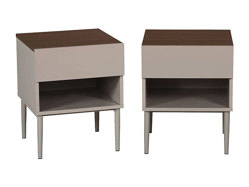 Lot de deux tables de chevet métal et décor bois 1 porte 1 niche gris et noyer - Ashton