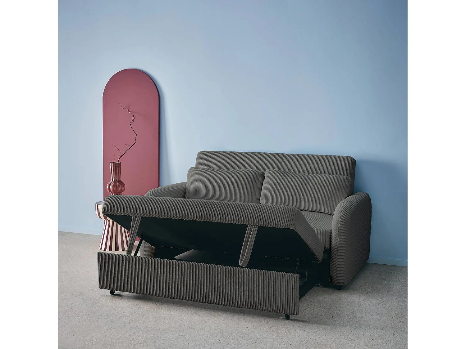 Divano letto arrotondato in velluto a coste, 2 posti, grigio scuro