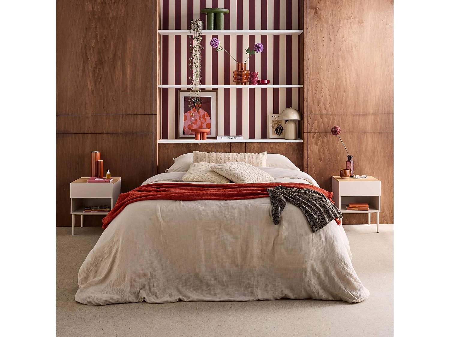 Lot de deux tables de chevet métal et décor bois 1 porte 1 niche beige et naturel - Ashton