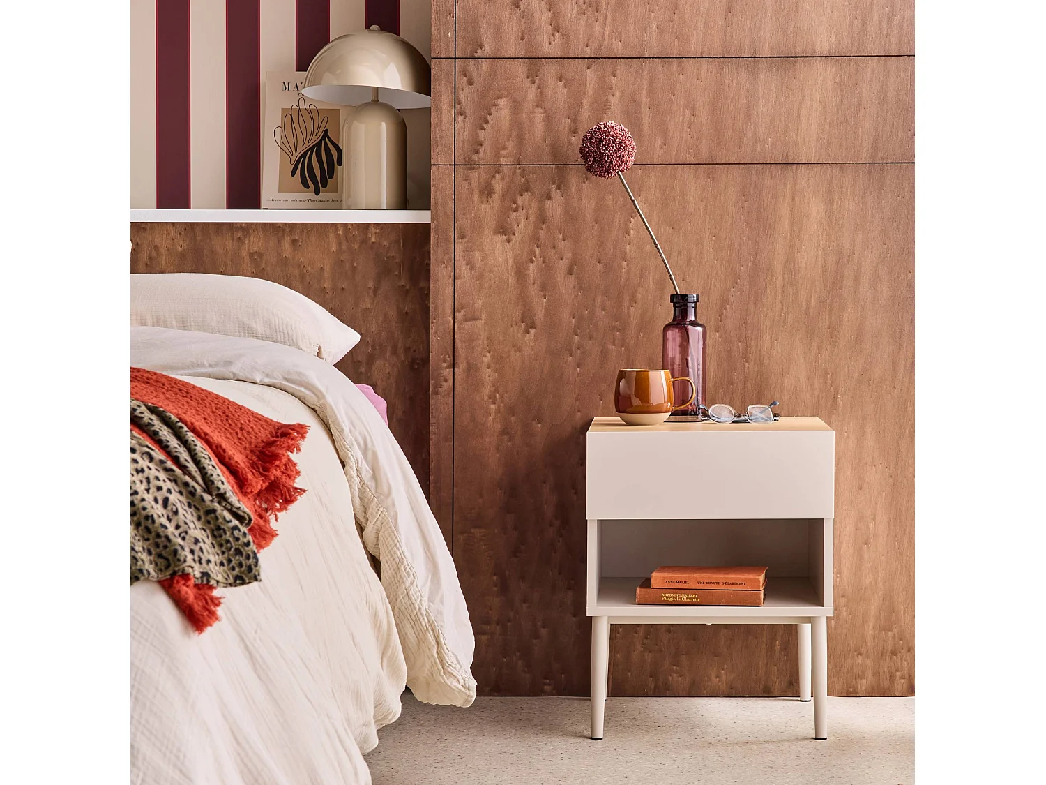 Lot de deux tables de chevet métal et décor bois 1 porte 1 niche beige et naturel - Ashton