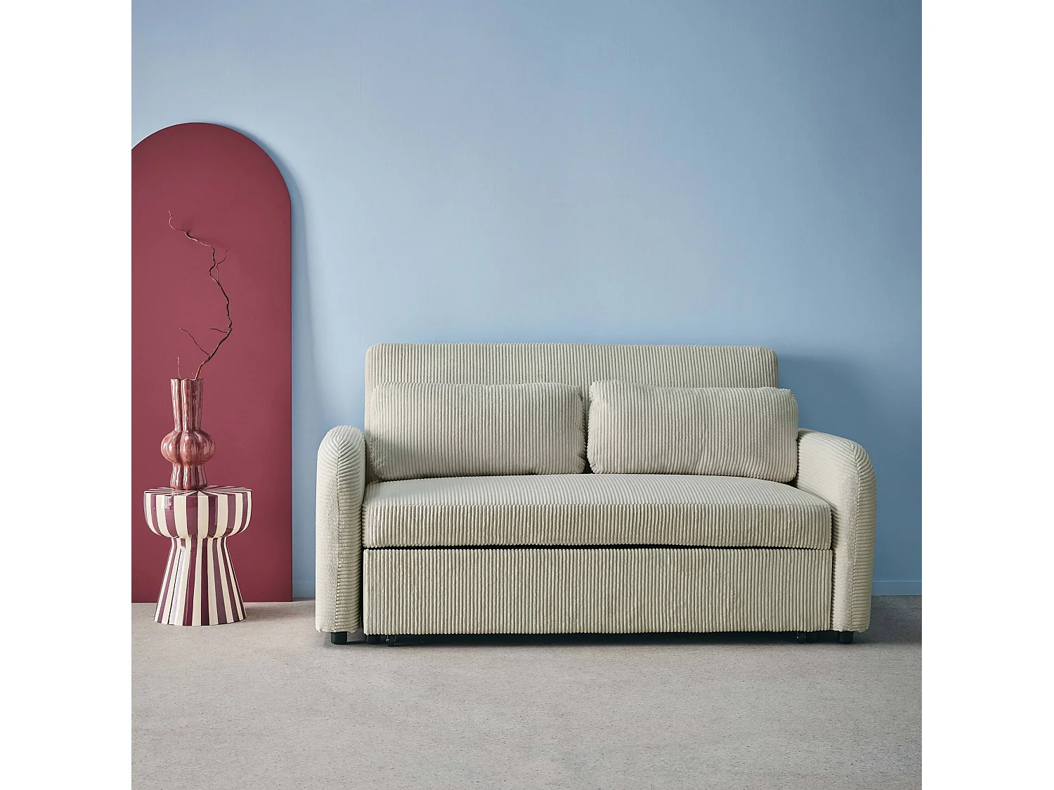 Divano letto arrotondato in velluto a coste, 2 posti, grigio chiaro