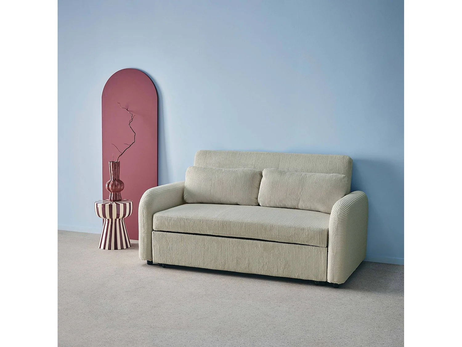 Divano letto arrotondato in velluto a coste, 2 posti, grigio chiaro