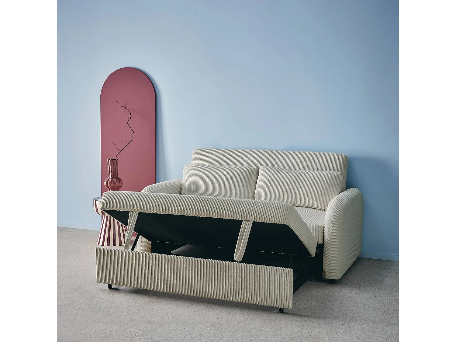 Divano letto arrotondato in velluto a coste, 2 posti, grigio chiaro