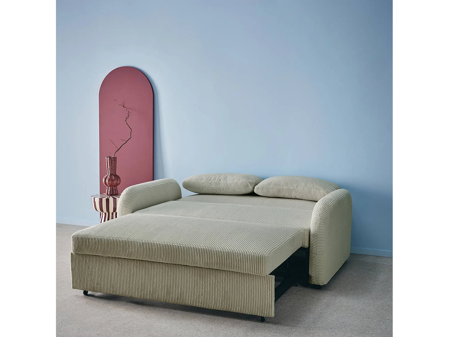 Divano letto arrotondato in velluto a coste, 2 posti, grigio chiaro