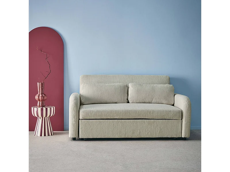 Canapé convertible arrondi 2 places velours côtelé gris clair L 168 x P 90 x H 88cm - Lino