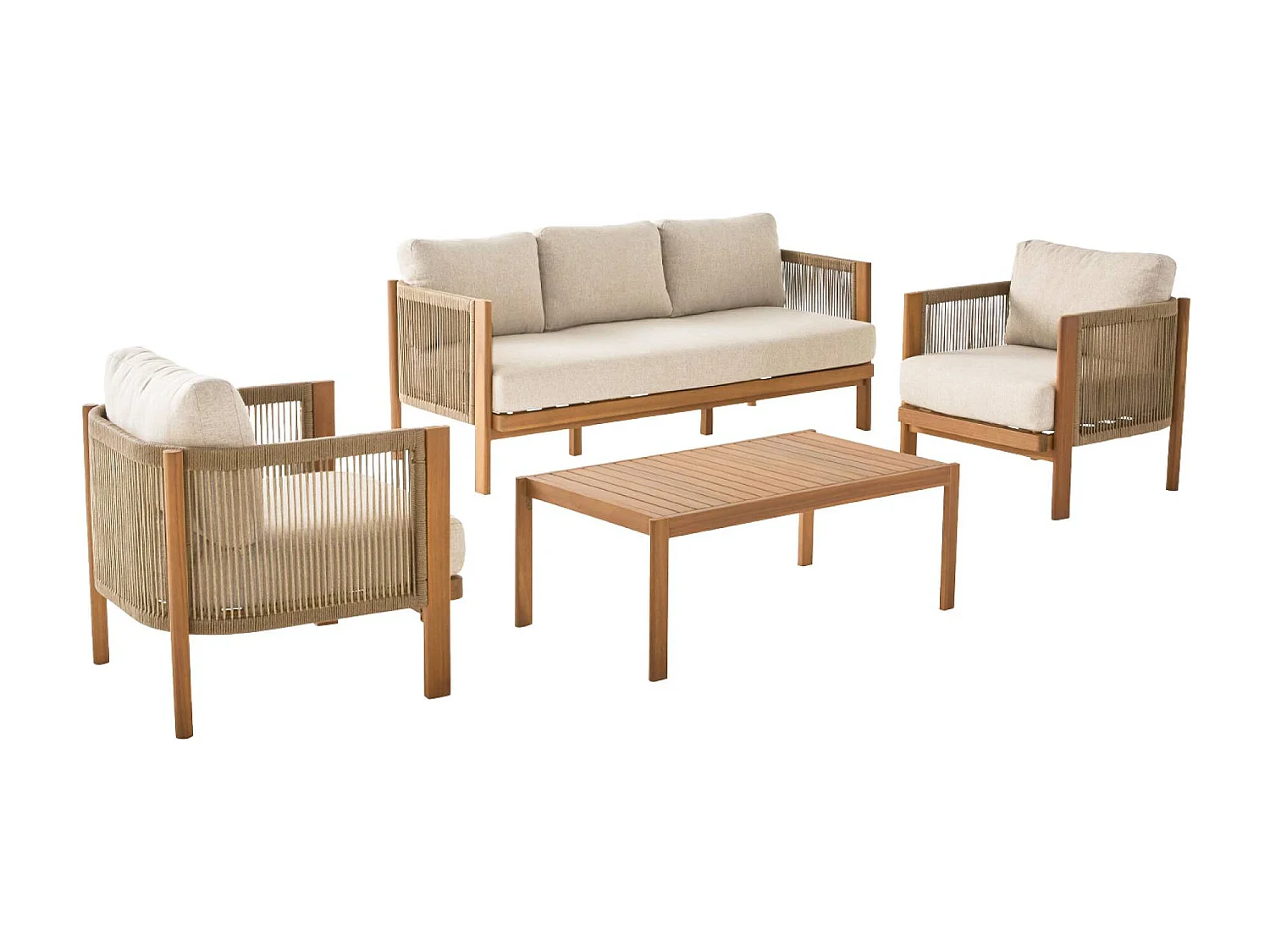 Salotto da giardino in acacia e corde, 5 posti, ecrù