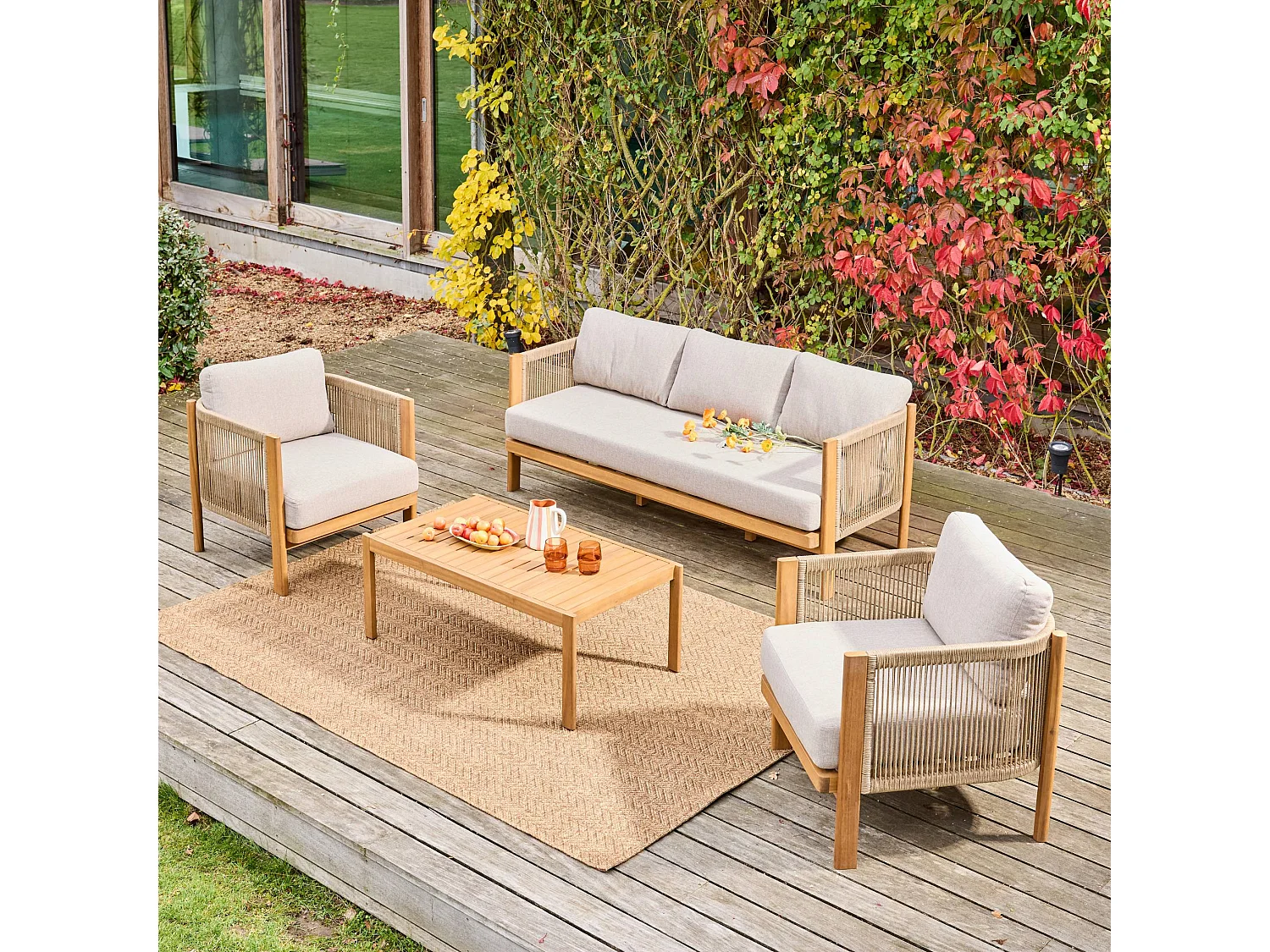 Salotto da giardino in acacia e corde, 5 posti, ecrù