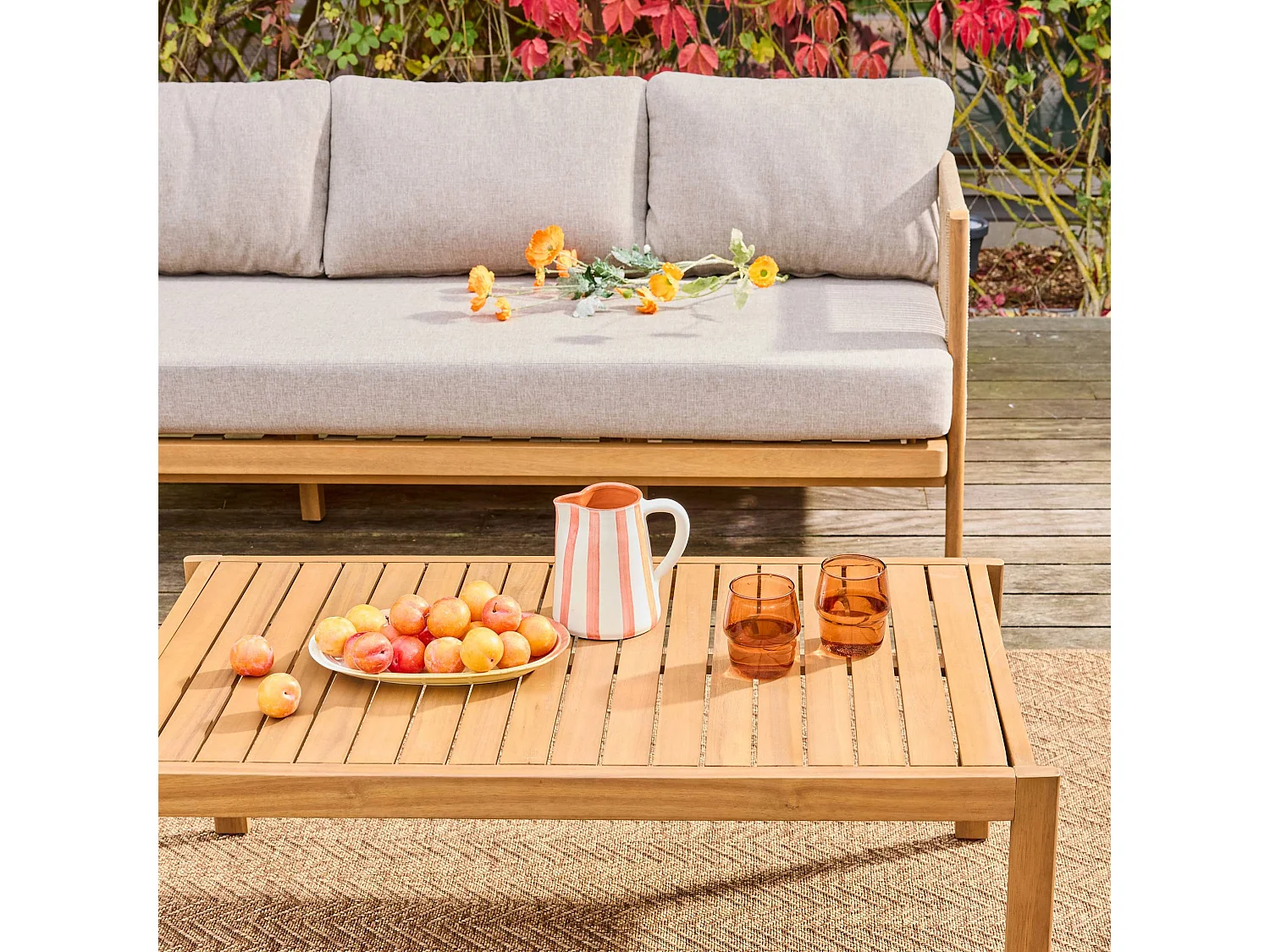 Salotto da giardino in acacia e corde, 5 posti, ecrù