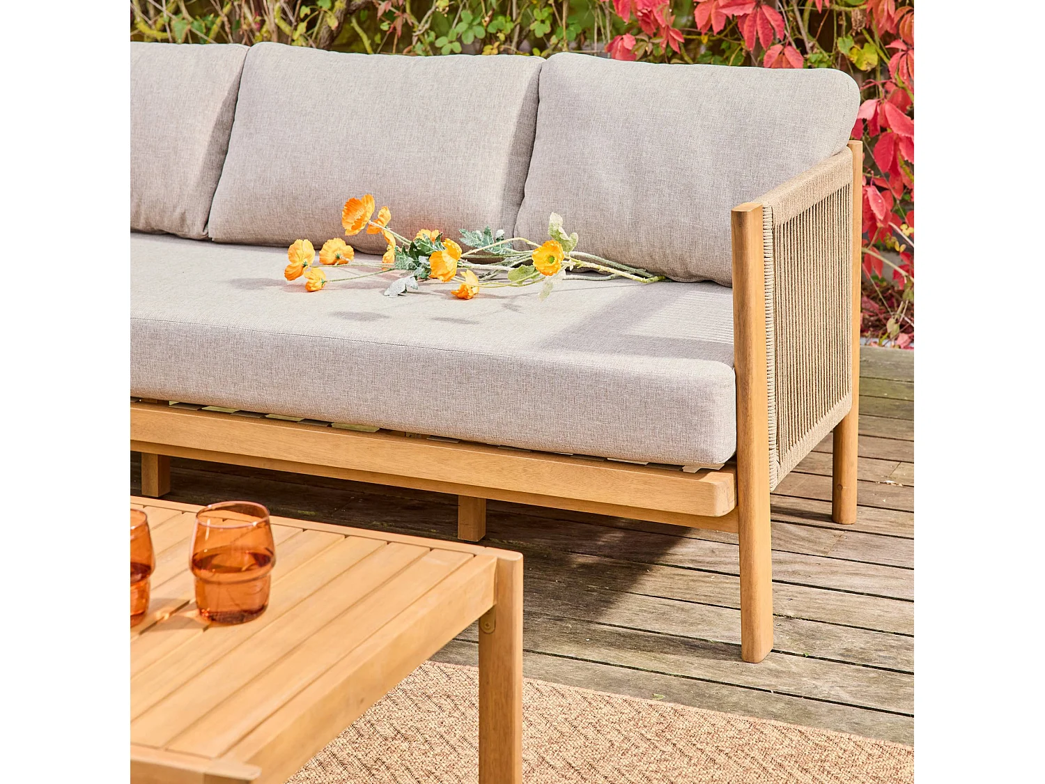 Salotto da giardino in acacia e corde, 5 posti, ecrù