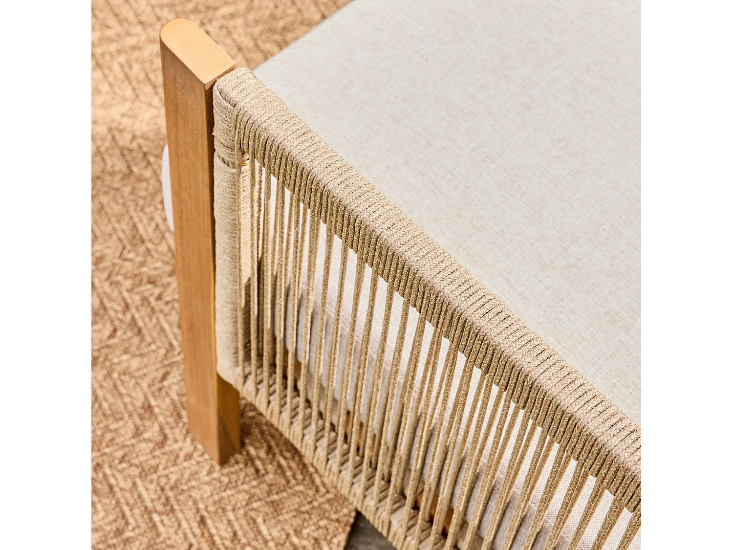 Salotto da giardino in acacia e corde, 5 posti, ecrù