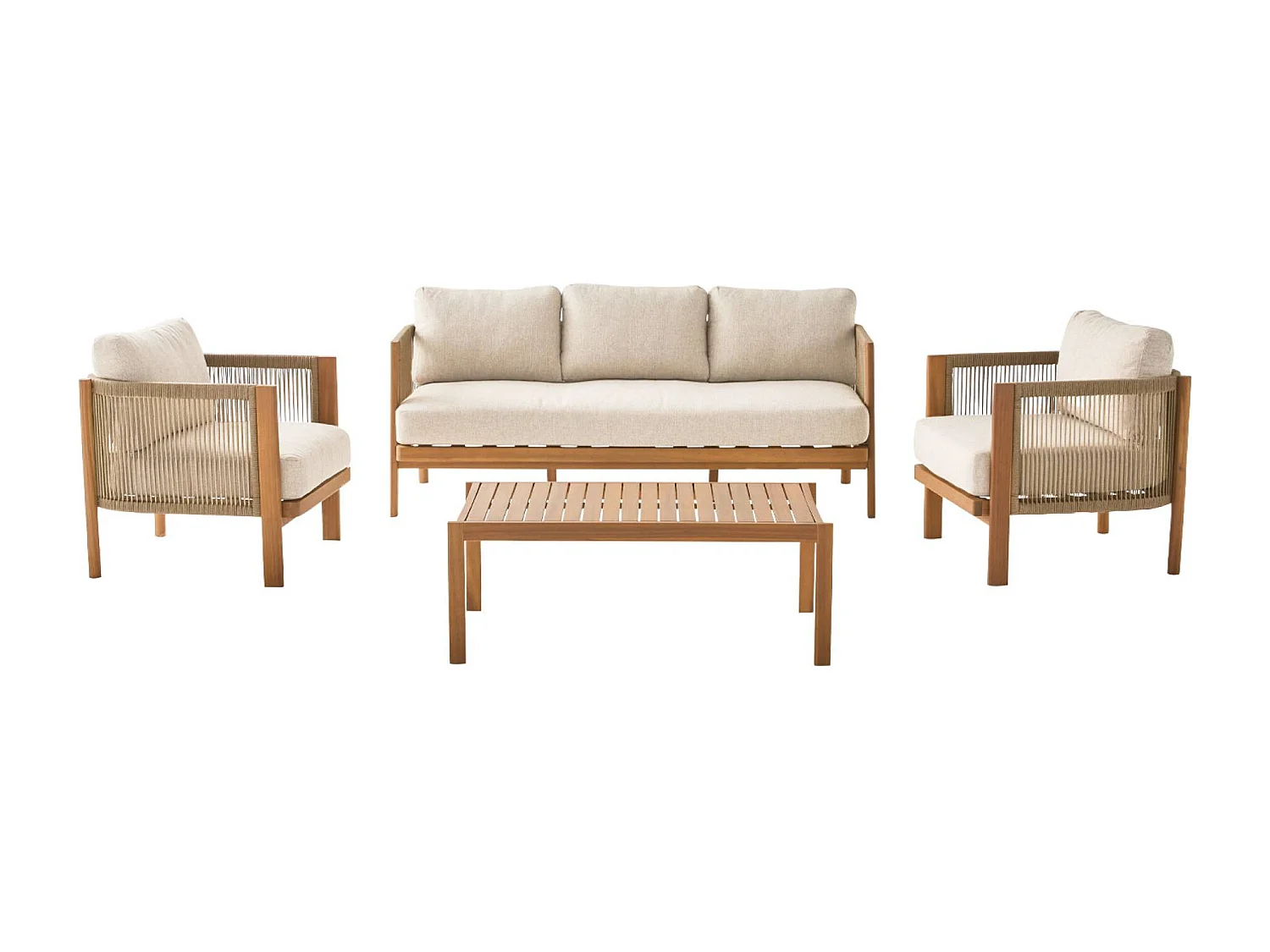 Salotto da giardino in acacia e corde, 5 posti, ecrù