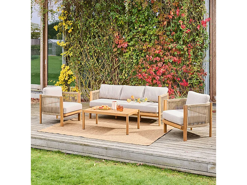 Salotto da giardino in acacia e corde, 5 posti, ecrù