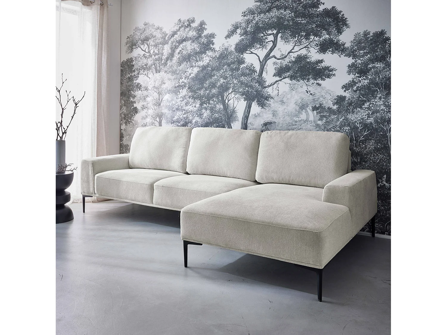 Canapé 3 places blanc crème angle à droite et structure / piètement métal noir