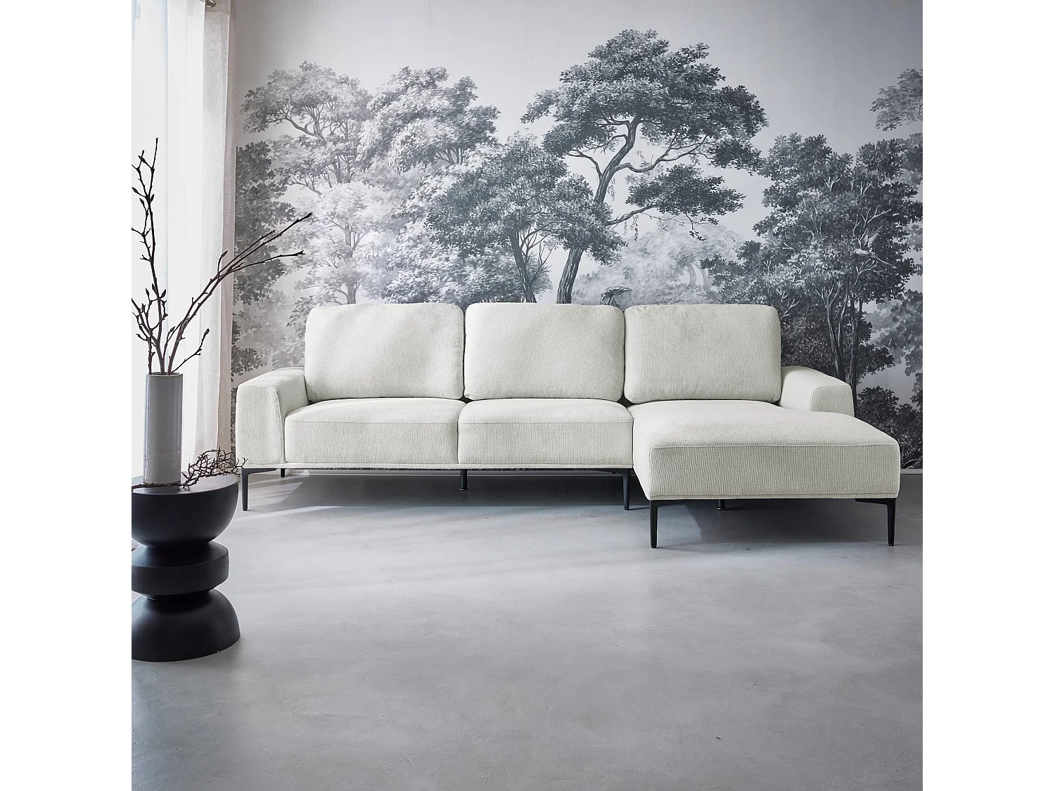 Sofá de tela y metal con esquina derecha, 3 plazas crema