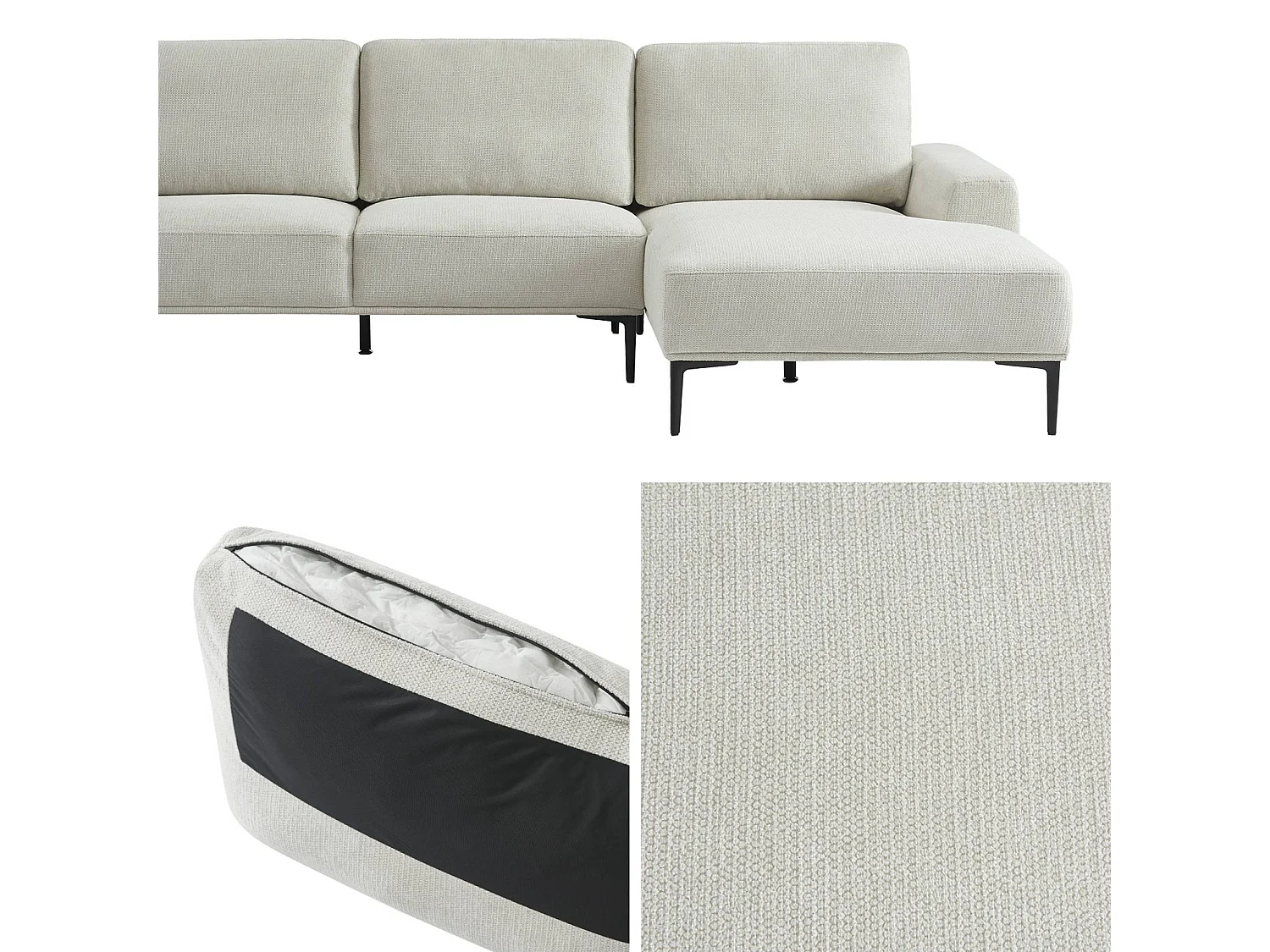 Sofá de tela y metal con esquina derecha, 3 plazas crema