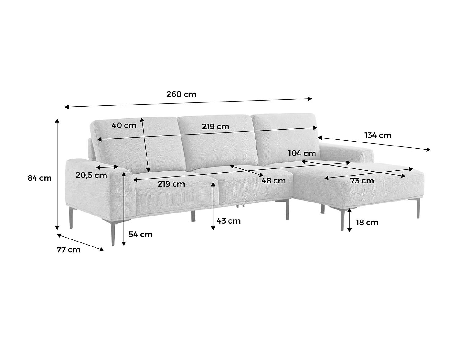 Sofá de tela y metal con esquina derecha, 3 plazas crema