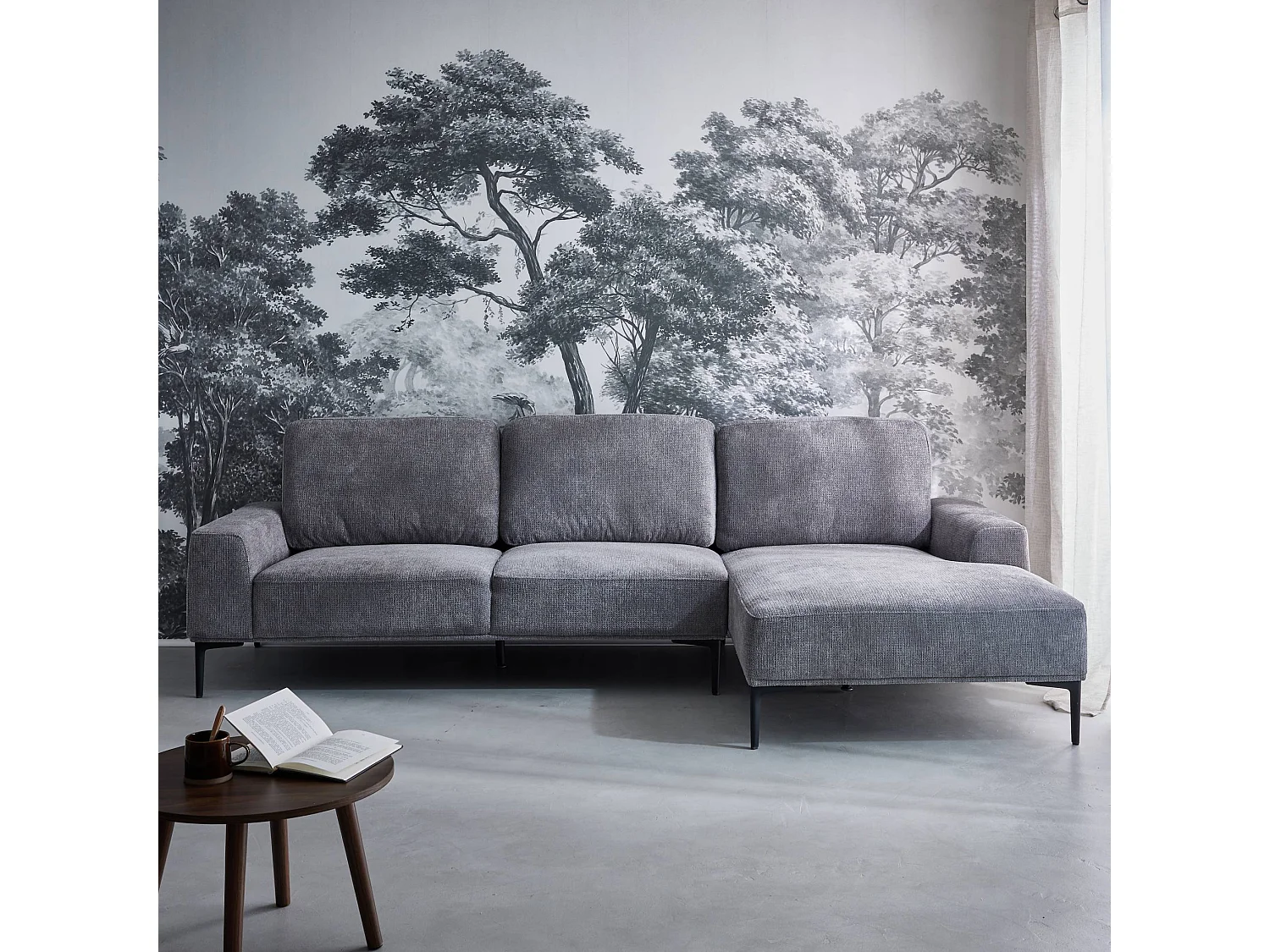 Divano angolare destro in tessuto e metallo, 3 posti, grigio scuro
