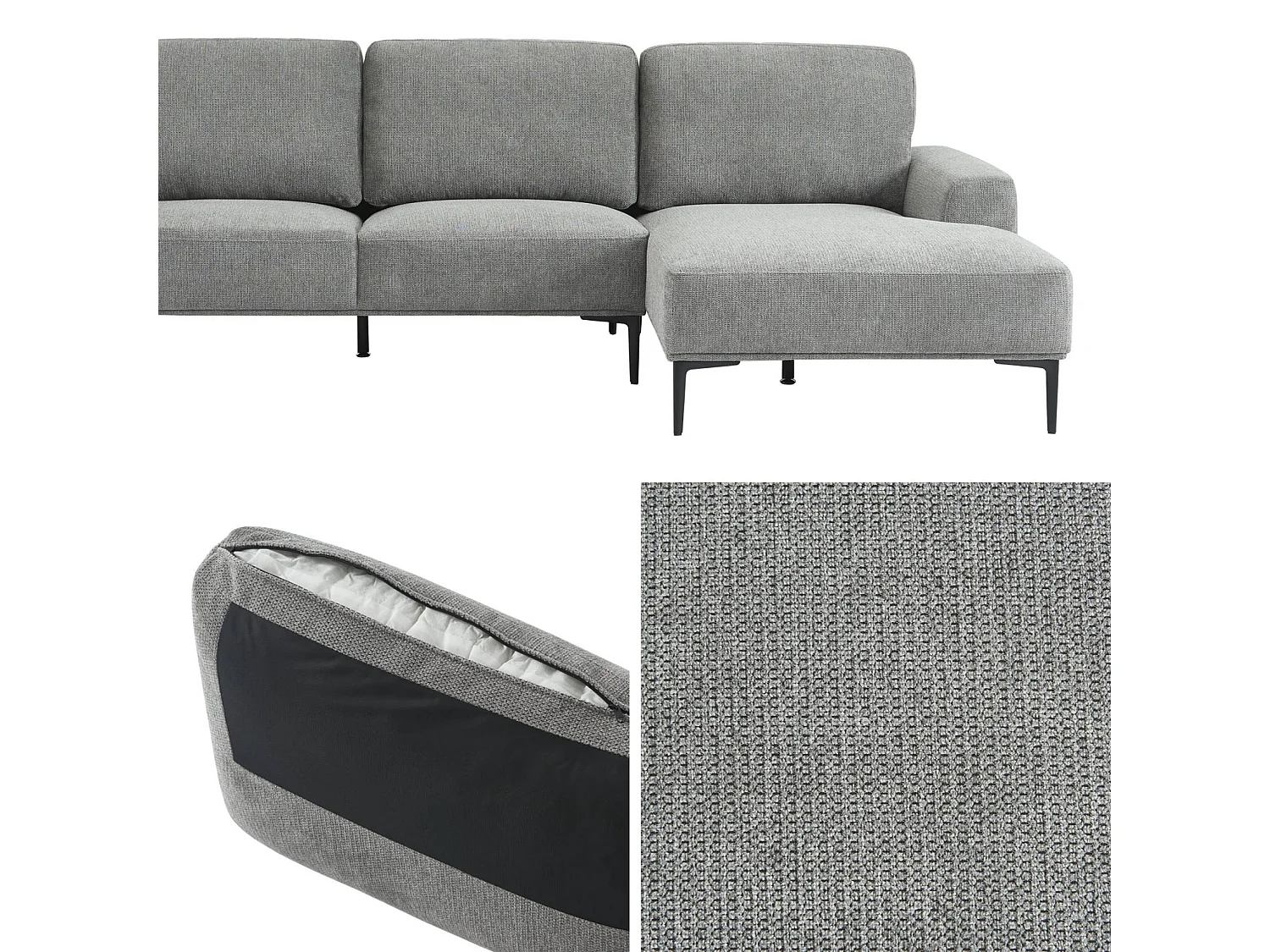 Divano angolare destro in tessuto e metallo, 3 posti, grigio scuro