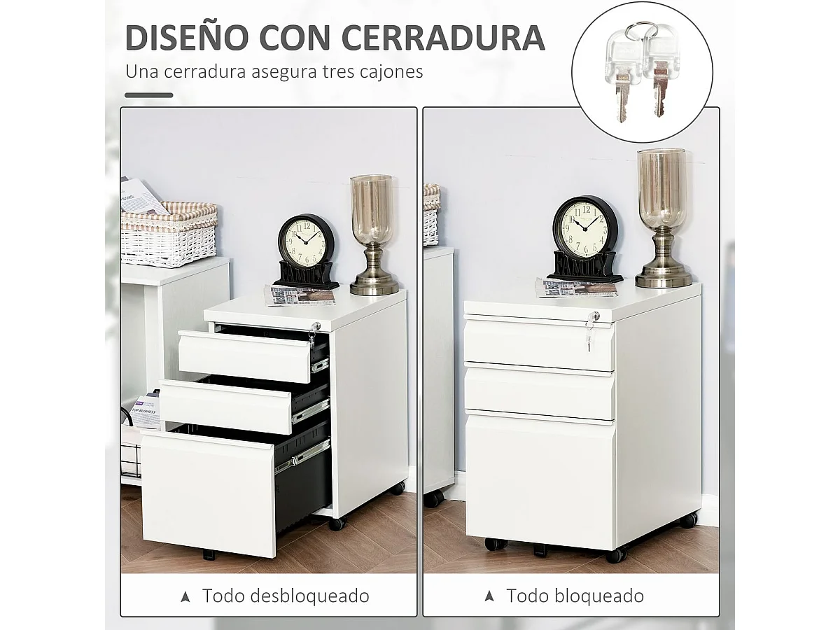 Cajonera Elite Vinsetto 3 cajones + cerradura blanco 60x39x48 cm