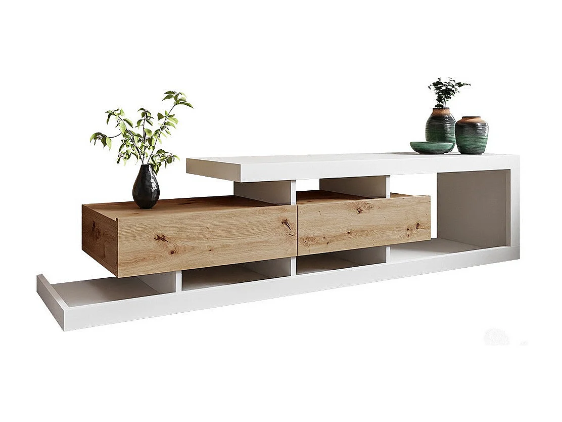 Meuble TV Utica 103, Blanc|Chêne wotan, Nombre de tiroirs: 2, 198x45x40cm