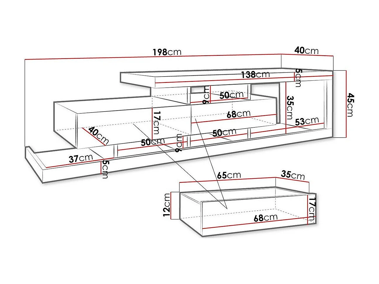 Meuble TV Utica 103, Blanc|Chêne wotan, Nombre de tiroirs: 2, 198x45x40cm