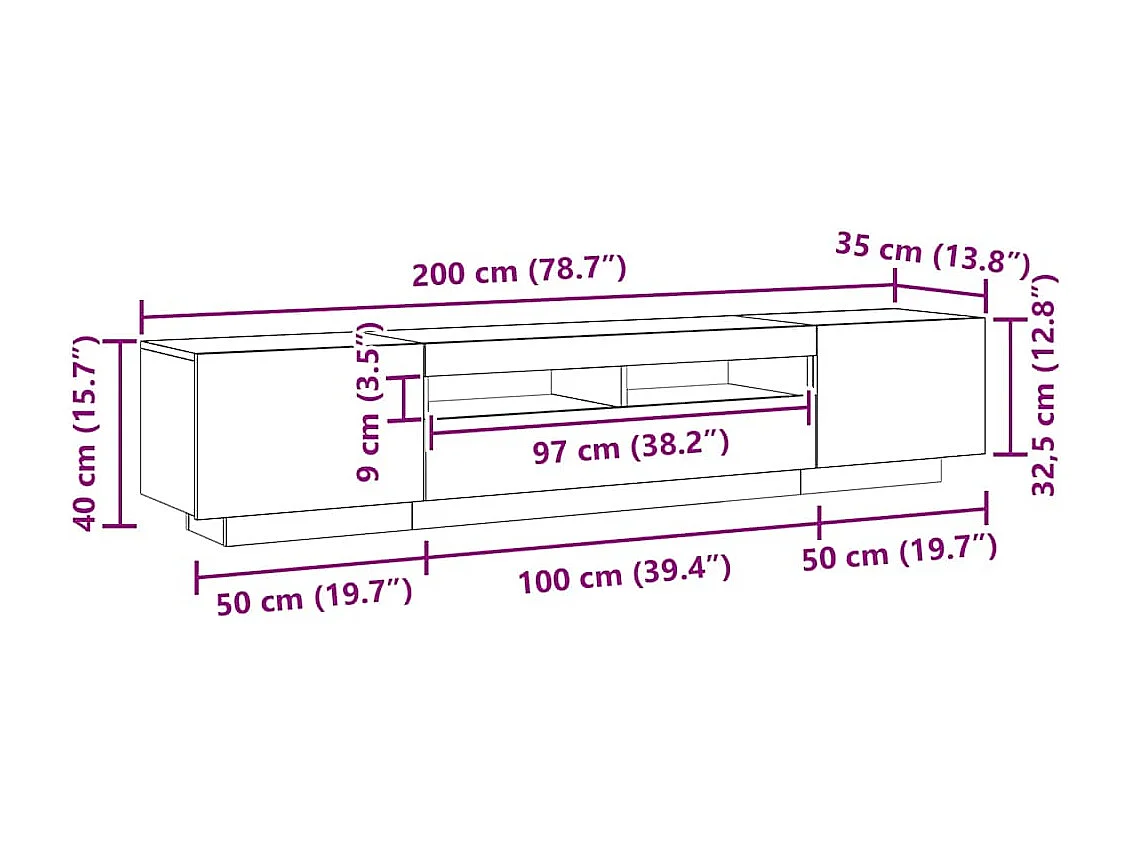 Mueble de TV luces LED madera roble artisan 200x35x40 cm
