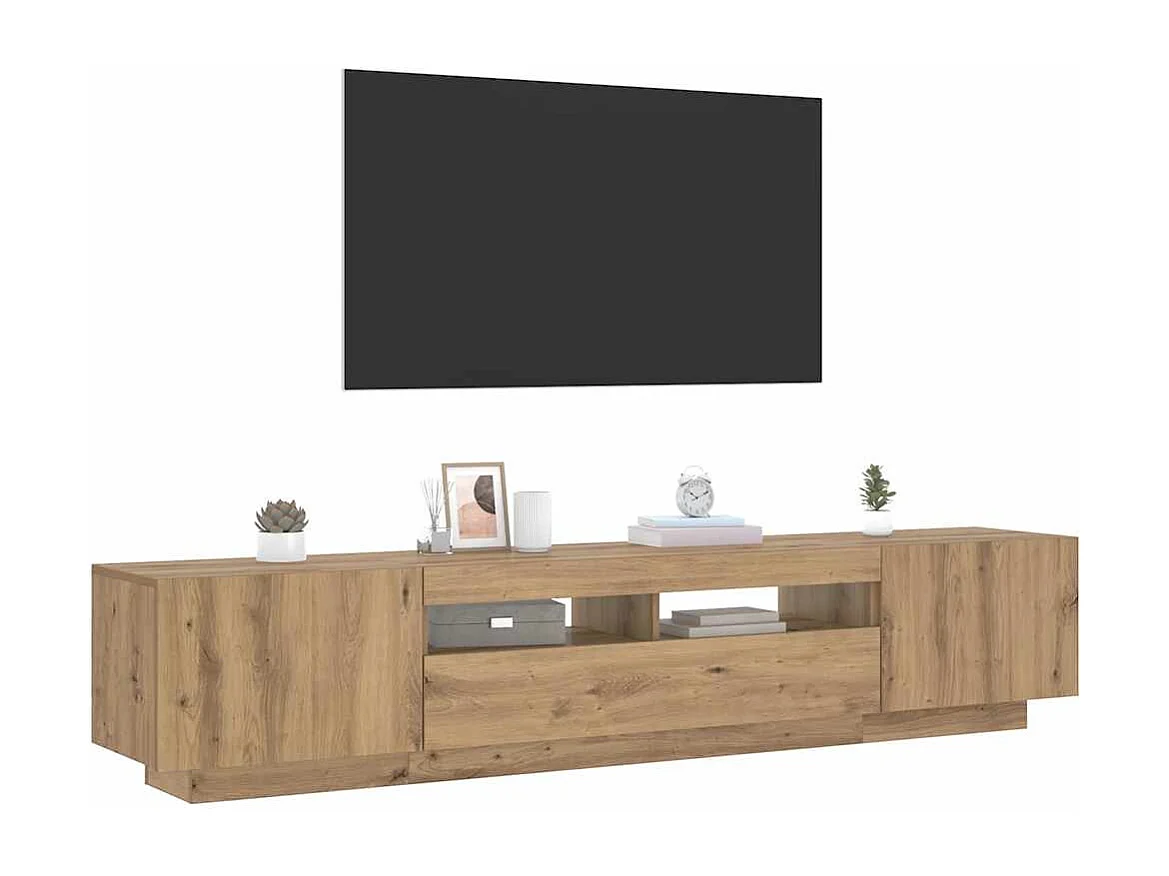 Mueble de TV luces LED madera roble artisan 200x35x40 cm