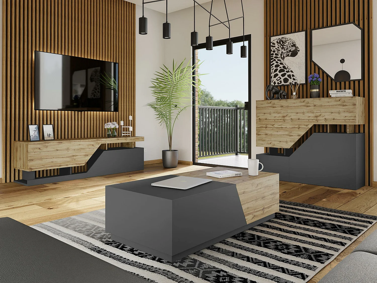 Meuble TV Comfivo Daldune 100, Anthracite|Chêne wotan, Le nombre de portes: 2, 160x47cm