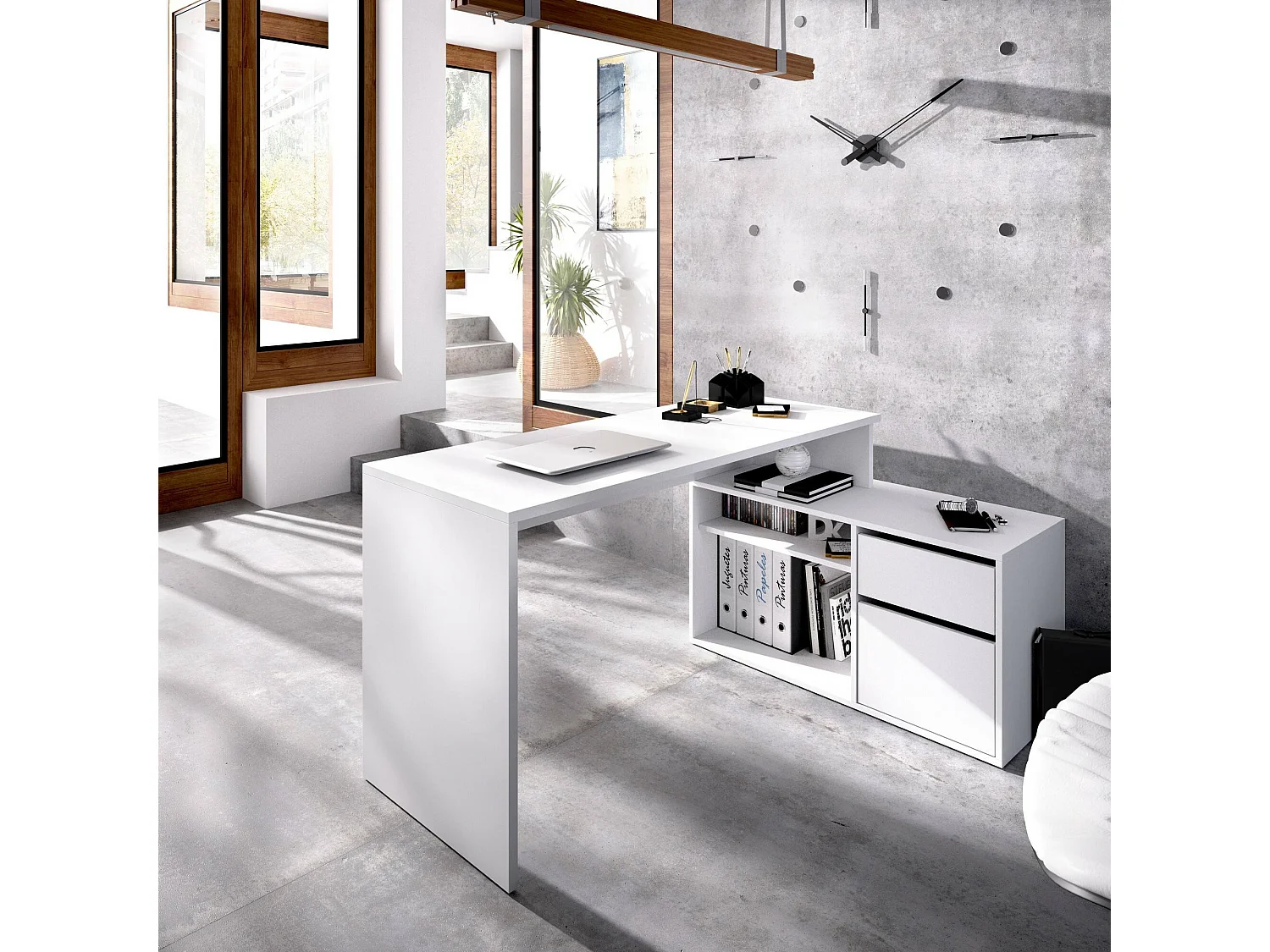 Escritorio Ddiaw, Escritorio multiposiciones para oficina o dormitorio, Mesa de estudio esquina multiusos, 139x92h75 cm, Blanco