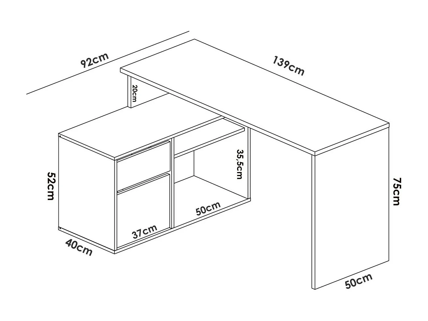 Bureau Ddiaw, Bureau multi-positions pour le bureau ou la chambre, Table d'étude d'angle polyvalente, 139x92h75 cm, Blanc