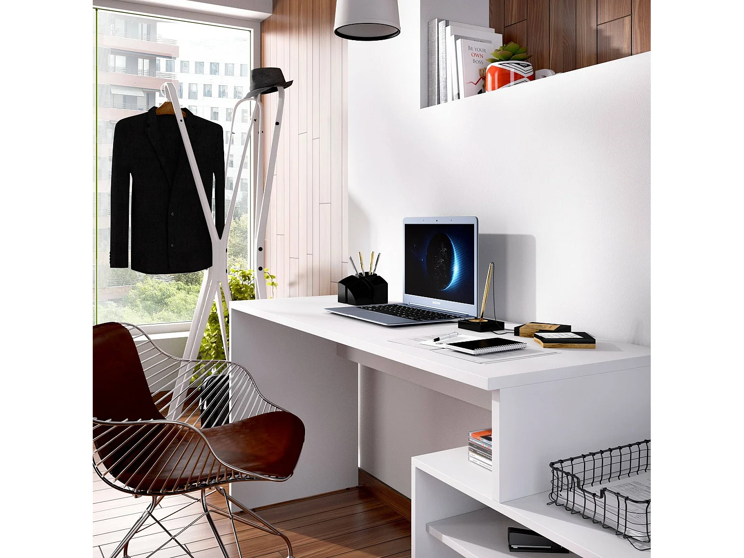Bureau Ddiaw, Bureau multi-positions pour le bureau ou la chambre, Table d'étude d'angle polyvalente, 139x92h75 cm, Blanc
