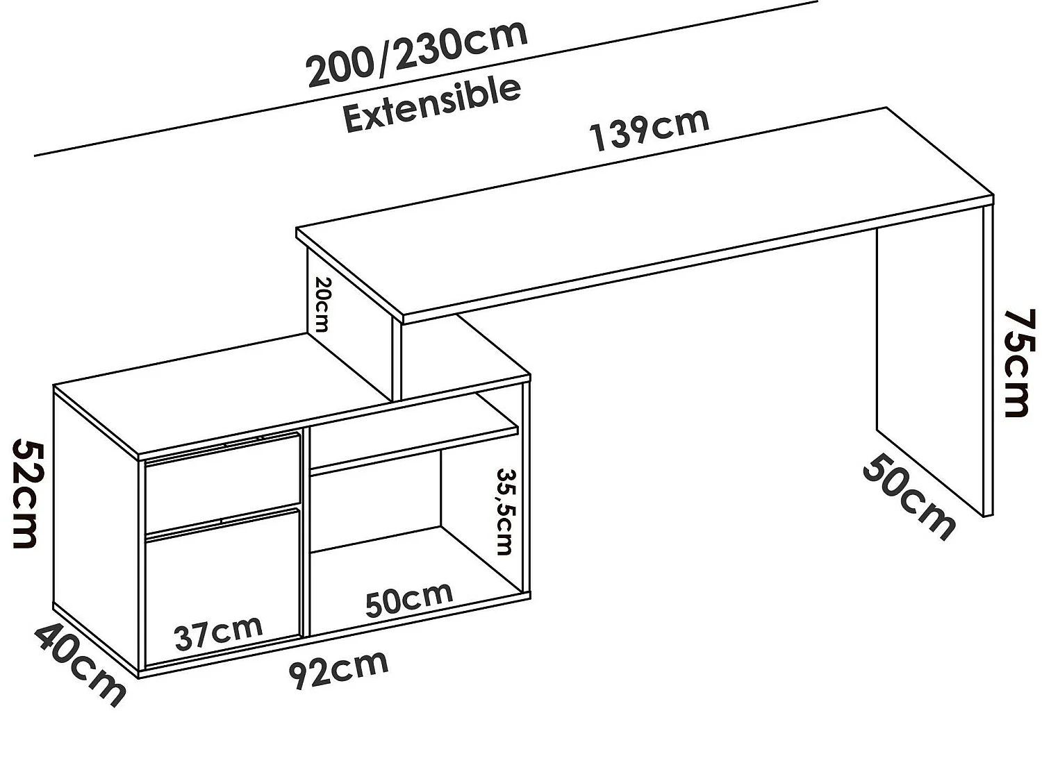 Bureau Ddiaw, Bureau multi-positions pour le bureau ou la chambre, Table d'étude d'angle polyvalente, 139x92h75 cm, Blanc