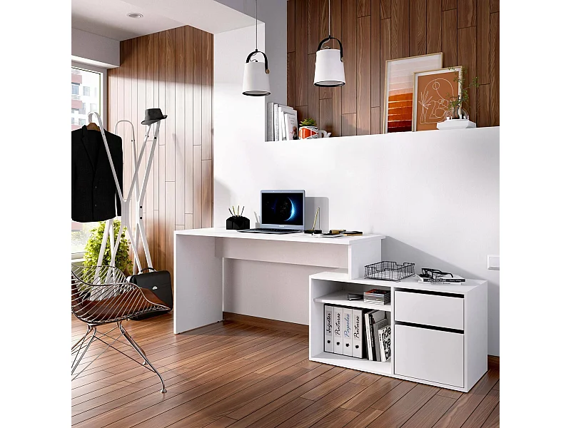 Escritorio Ddiaw, Escritorio multiposiciones para oficina o dormitorio, Mesa de estudio esquina multiusos, 139x92h75 cm, Blanco