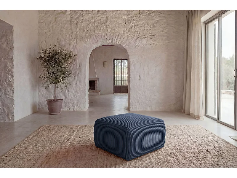 ELIO - Pouf en velours côtelé Bleu 74x74x41