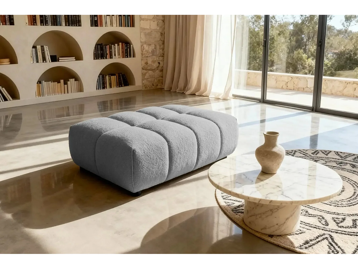 ALEXIA - Pouf tissu bouclette - Gris clair