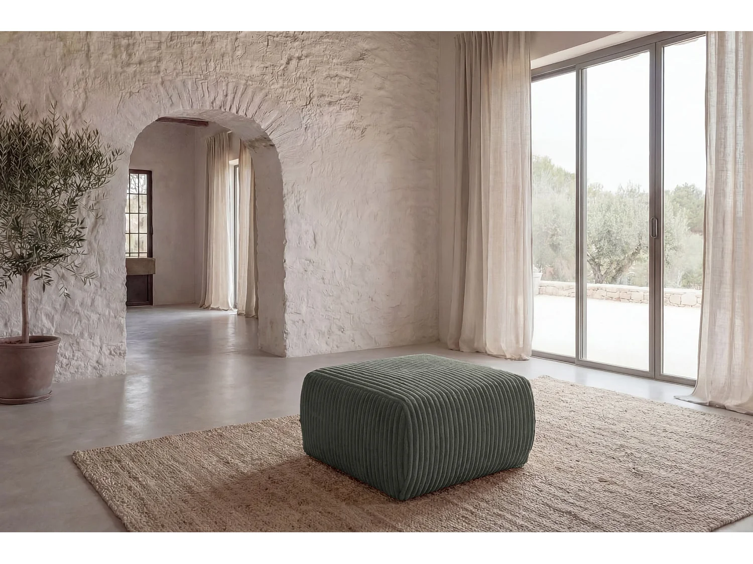 ELIO - Pouf en velours côtelé Vert 74x74x41