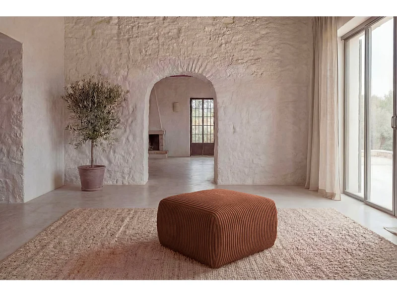 ELIO - Pouf en velours côtelé Terracotta 74x74x41