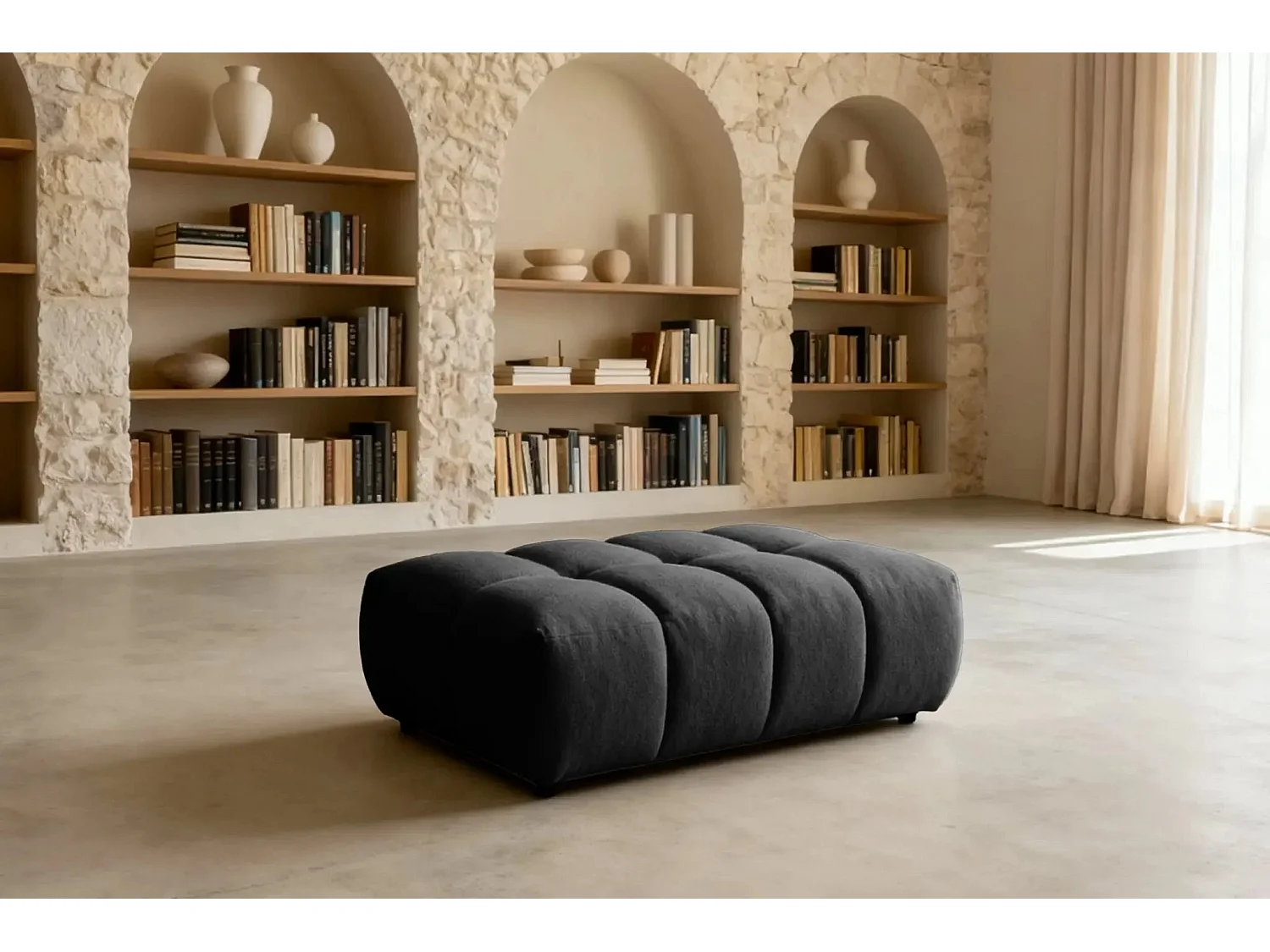 ALEXIA - Pouf tissu bouclette - Noir