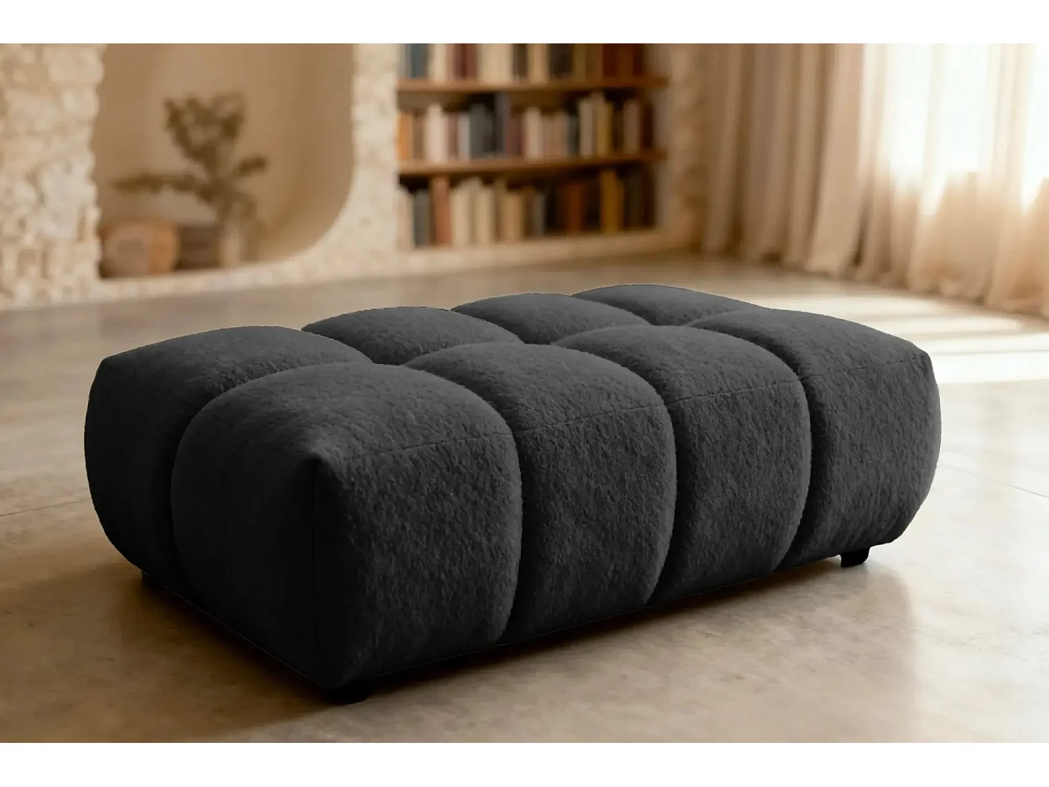ALEXIA - Pouf tissu bouclette - Noir