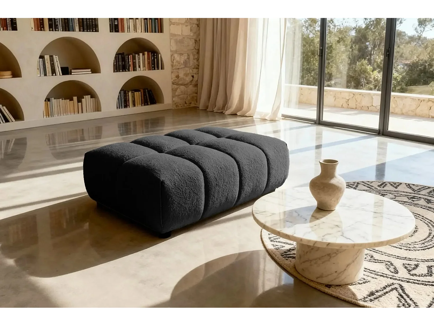 ALEXIA - Pouf tissu bouclette - Noir