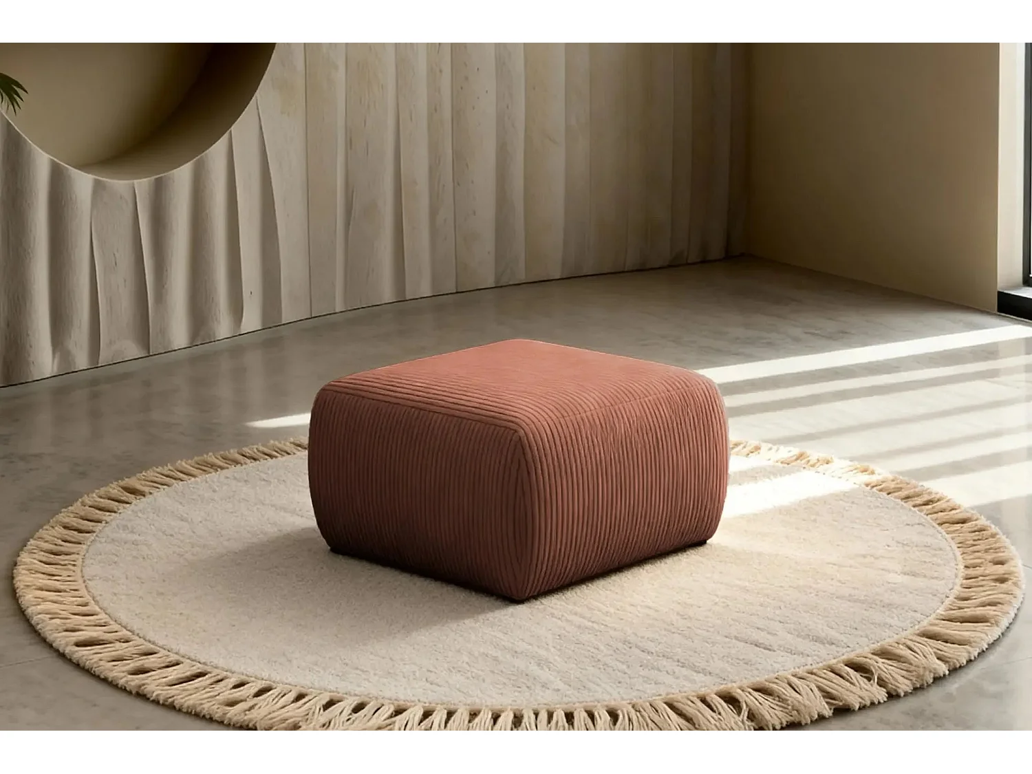 ELIO - Pouf en petit velours côtelé Terracotta 74x74x41