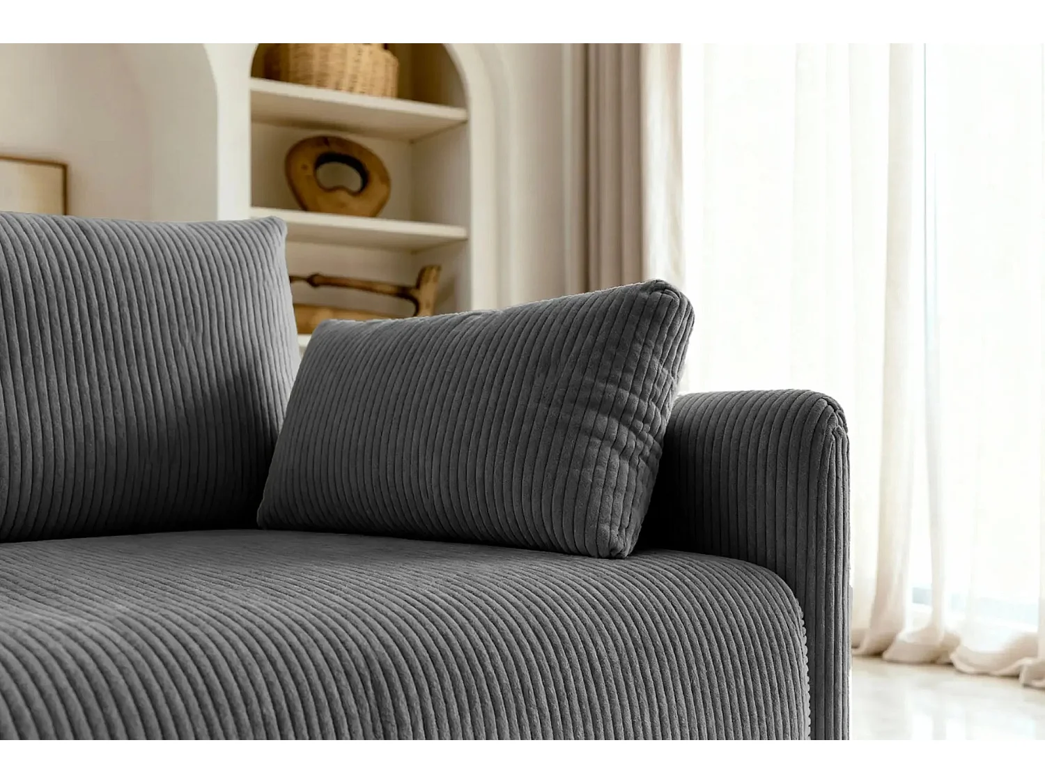 AXELLE - Canapé droit convertible velours côtelé - Gris foncé