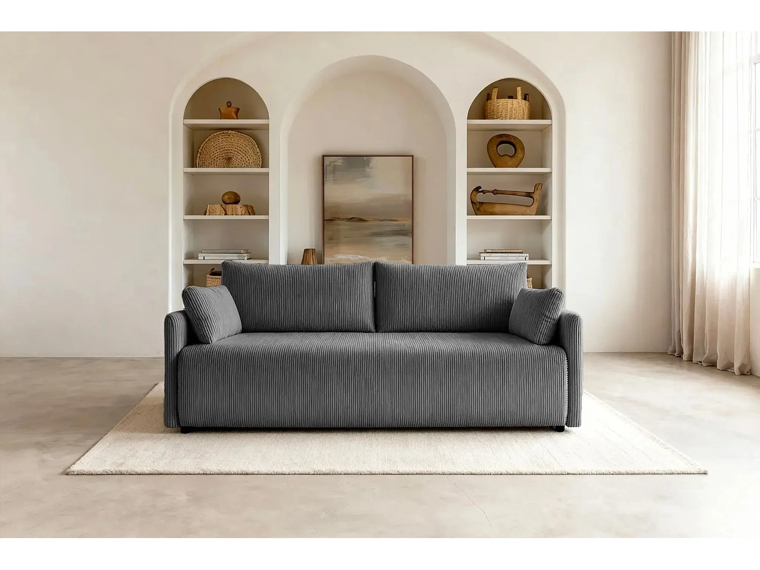 AXELLE - Canapé droit convertible velours côtelé 2 places - Gris foncé