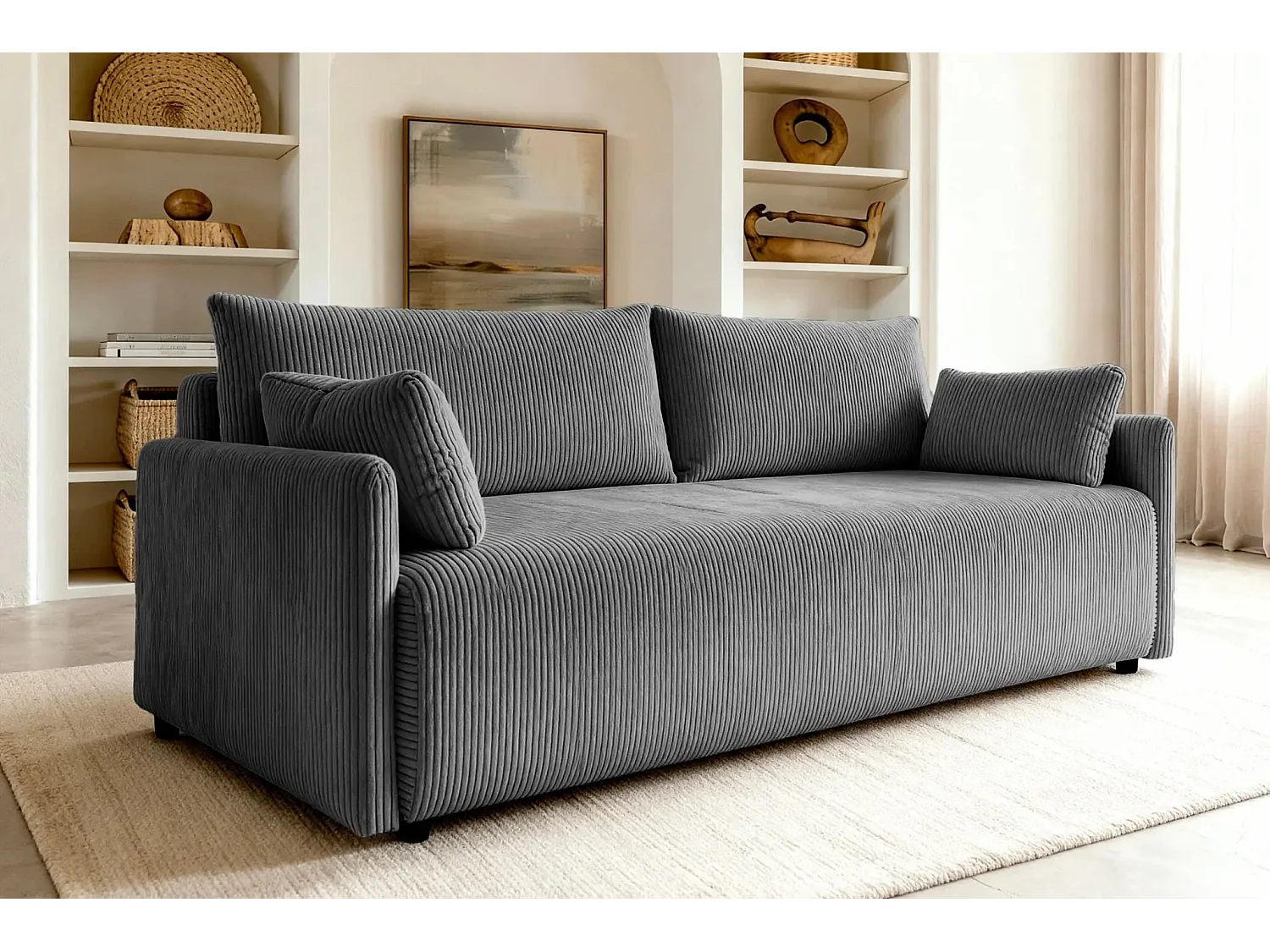 AXELLE - Canapé droit convertible velours côtelé 2 places - Gris foncé