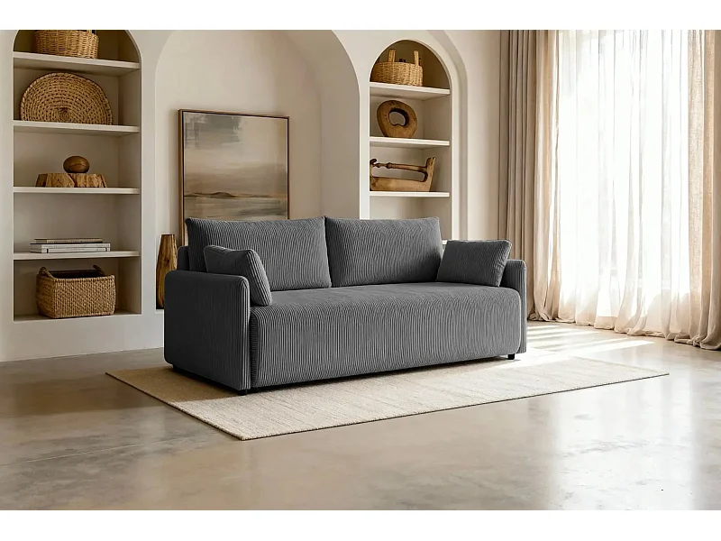 AXELLE - Canapé droit convertible velours côtelé - Gris foncé