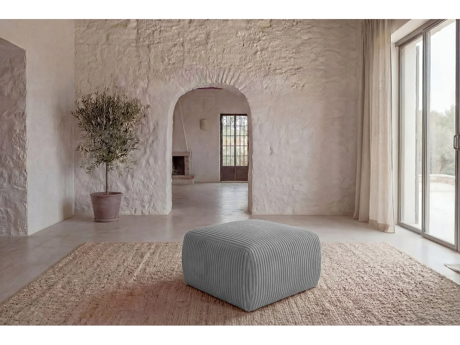 ELIO - Pouf en velours côtelé Gris clair 74x74x41