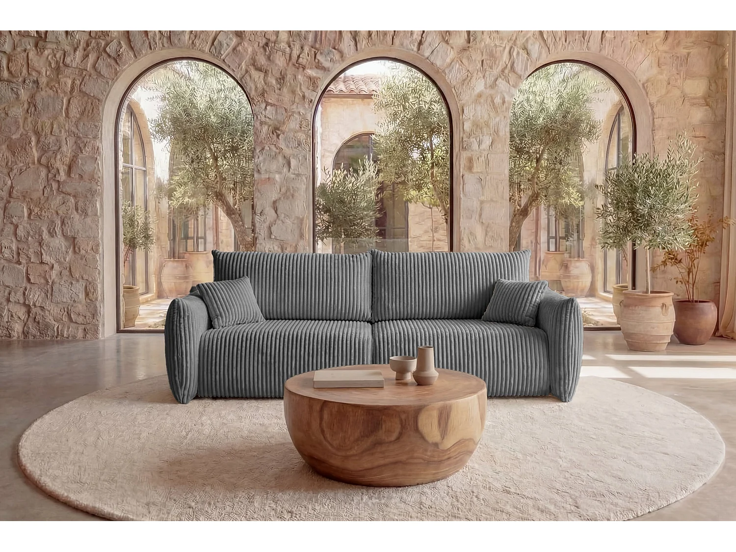 ELIO - Canapé droit convertible gros velours côtelé - Gris foncé