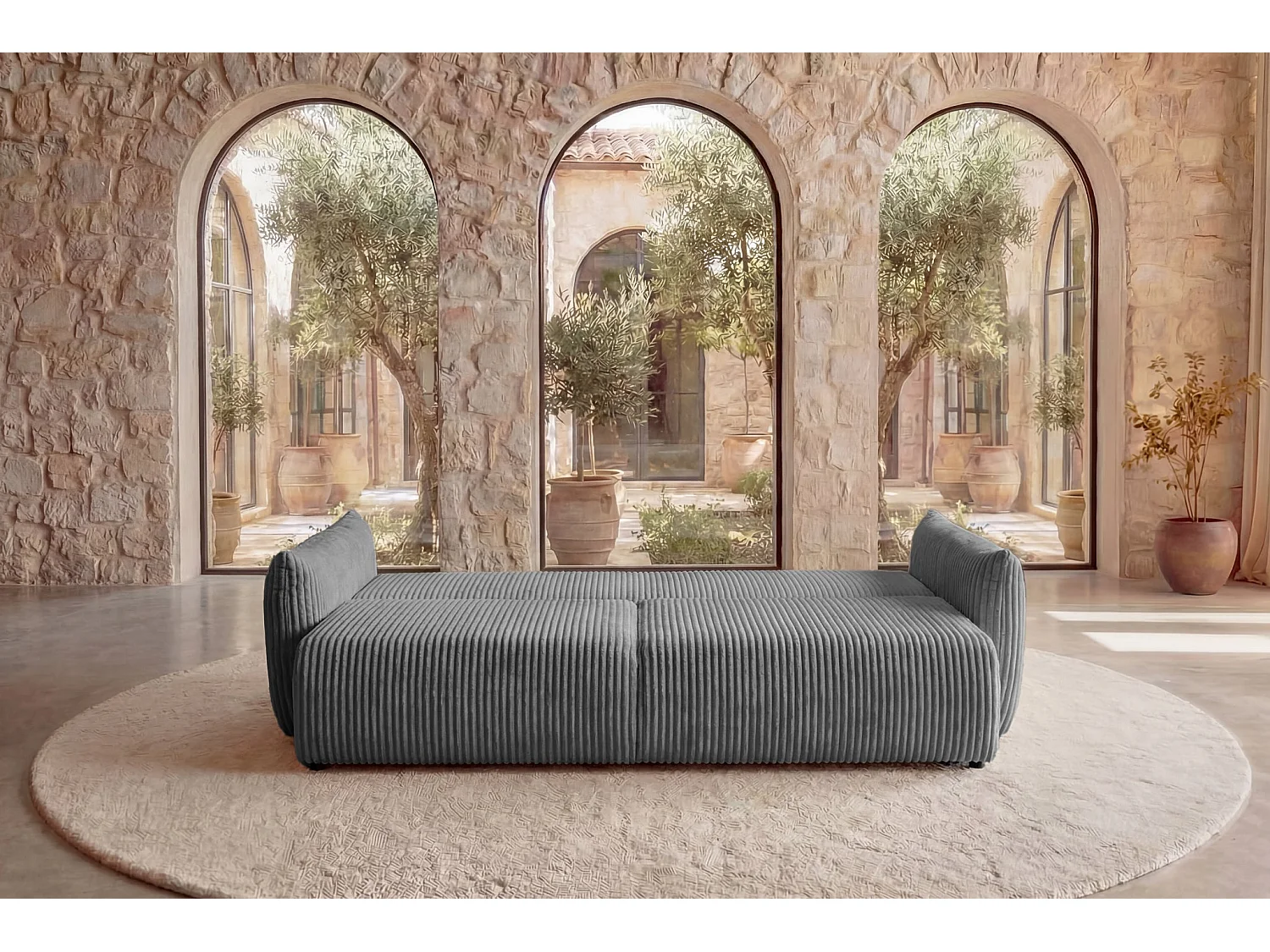 ELIO - Canapé droit convertible gros velours côtelé - Gris foncé