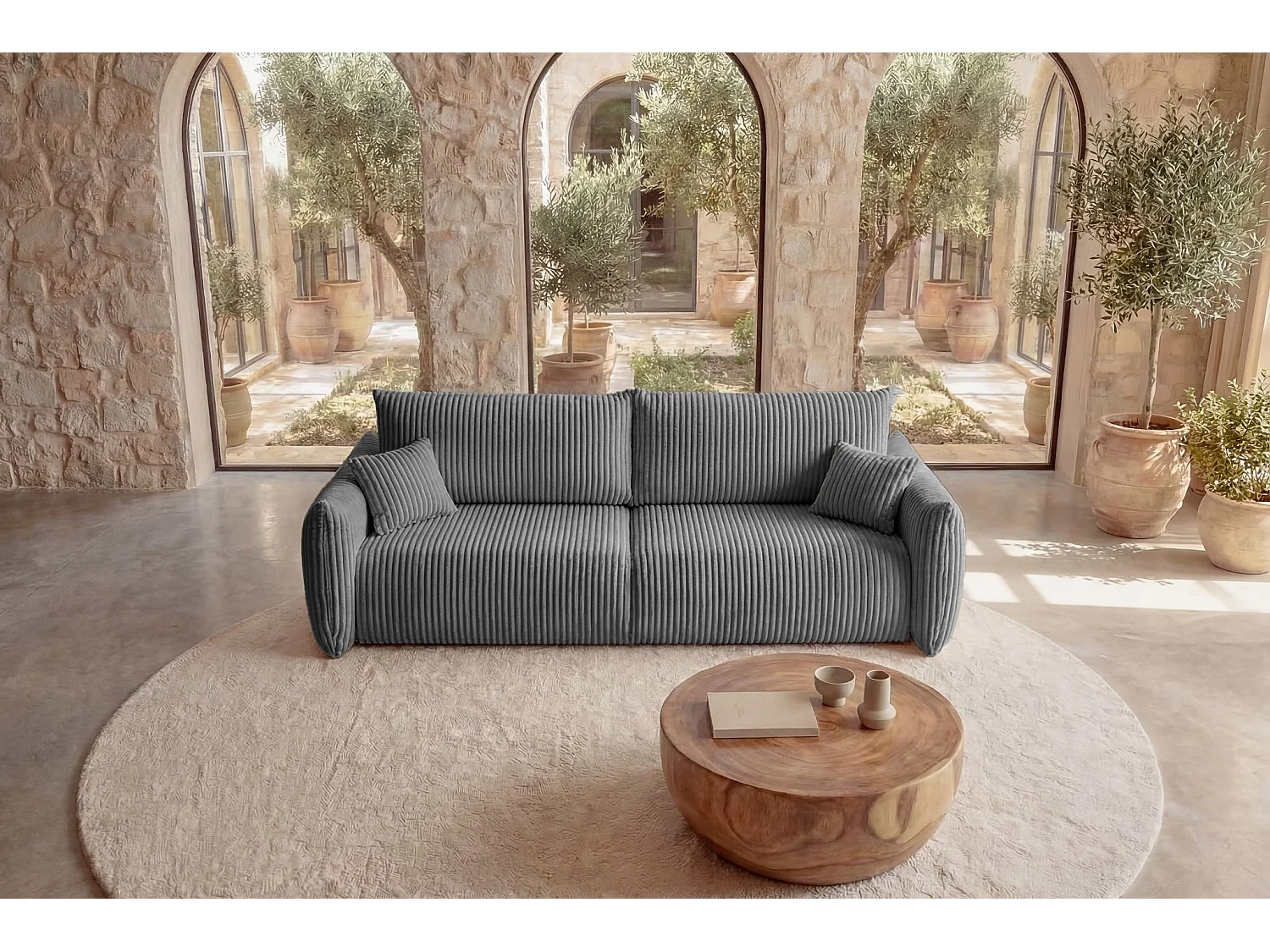 ELIO - Canapé droit convertible gros velours côtelé - Gris foncé